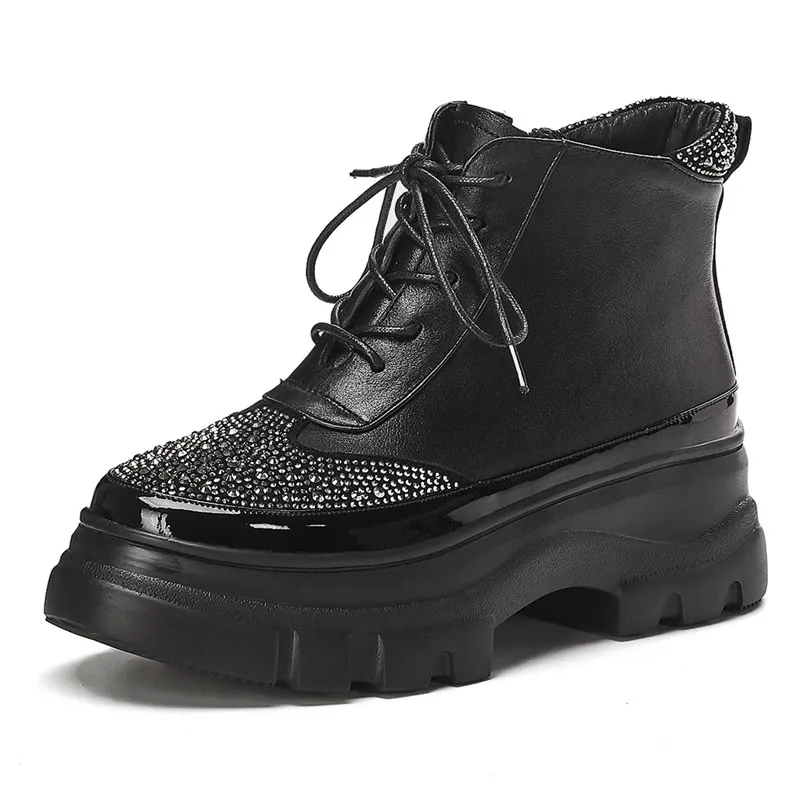 FEDONAS Winter Basic Women Ankle Boots Rhinestone Casual Platform Shoes Woman Genuine Leather High Heeled Party Short Boots