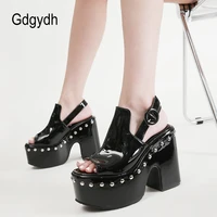 gdgydh peep toe platform high heeled shoes women sexy rivet black gothic style mules shoes women block heel summer sandals cool