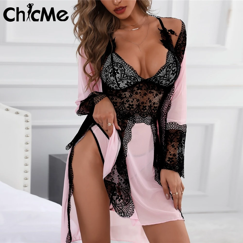 

Пижама Chicme из трех предметов, кружевное Сетчатое платье-мини на тонких бретельках с открытой спиной и пикантный комплект Cardinal, женское дома...