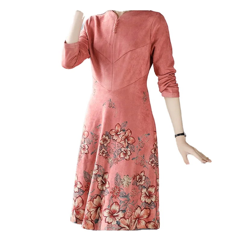 

2021 Female Vintage Floral Suede Midi Dresses Autumn Winter 4XL Plus Size Long Sleeve Dress Women Bodycon Party Classy Vestidos