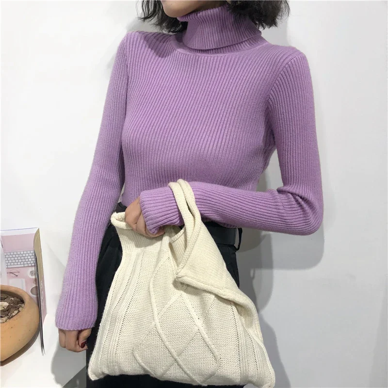 

2021 Brown Sweaters Autumn Winter Long Sleeve Women White Knitted Pullover Sweater Turtleneck Slim Jumper Soft Pull Femme