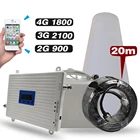 Трехдиапазонный Ретранслятор усиления, 65 дБ, GSM 900 + DCSLTE 1800 + WCDMA UMTS 2100, усилитель мобильного сигнала 2G 3G 4G, комплект кабелей 20 м