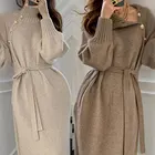 Осень-зима 2021, Женский вязаный пуловер с высоким воротником, пуговицы, модное пальто с поясом, однотонные женские теплые платья макси