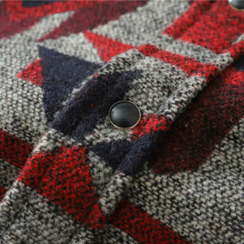

Men Winter Thicken Warm Vintage Geometry Pattern Printed Woolen Flannel Long Sleeve Harajuku Fashion Button Korean Shirts