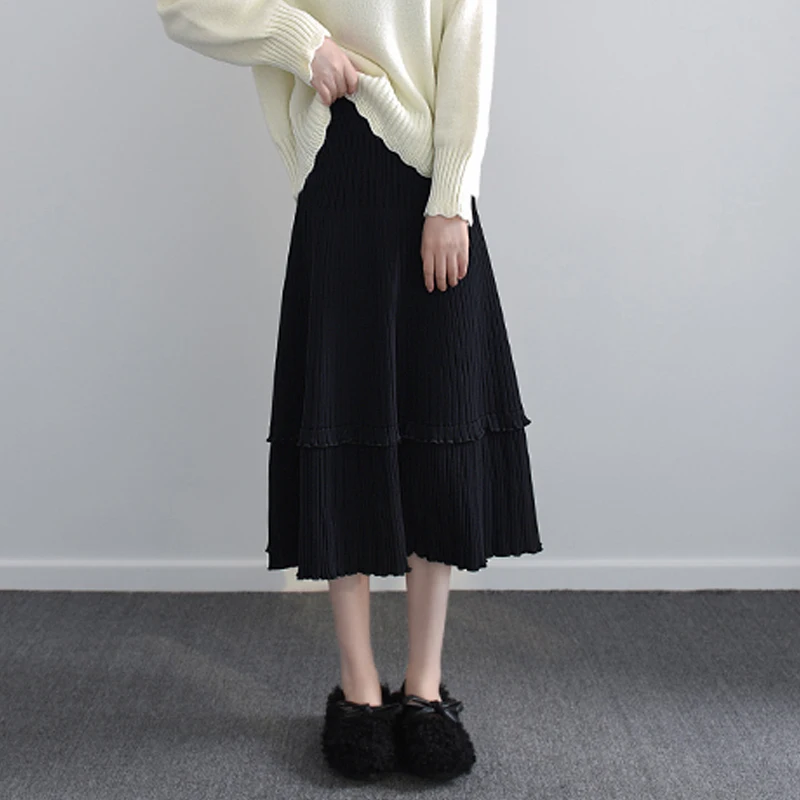 

Осень-зима 8808 # корейская мода черные плиссированные трикотажные юбки для беременных шикарная свободная трапециевидная Одежда для беремен...
