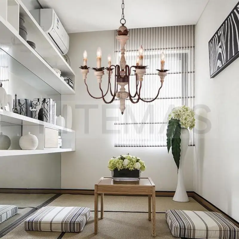 Винтажная белая деревянная люстра 6 свет Ретро французский стиль Скандинавская