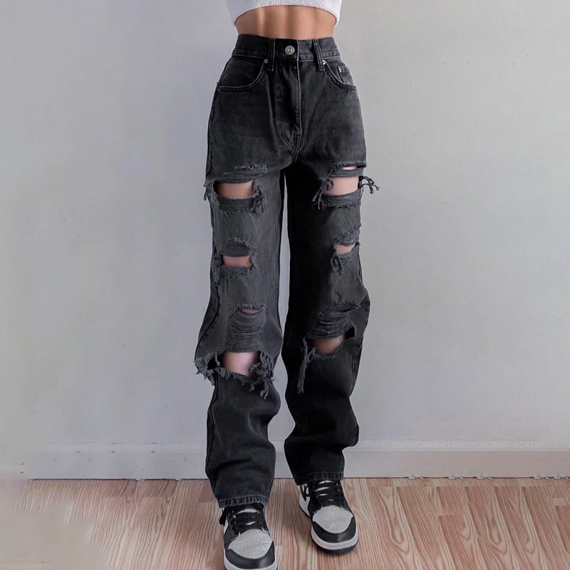 

Holes Casual Black Ripped Jeans Woman Harajuku High Waist Denim Trousers Vintage Distressed Pants Capri Summer