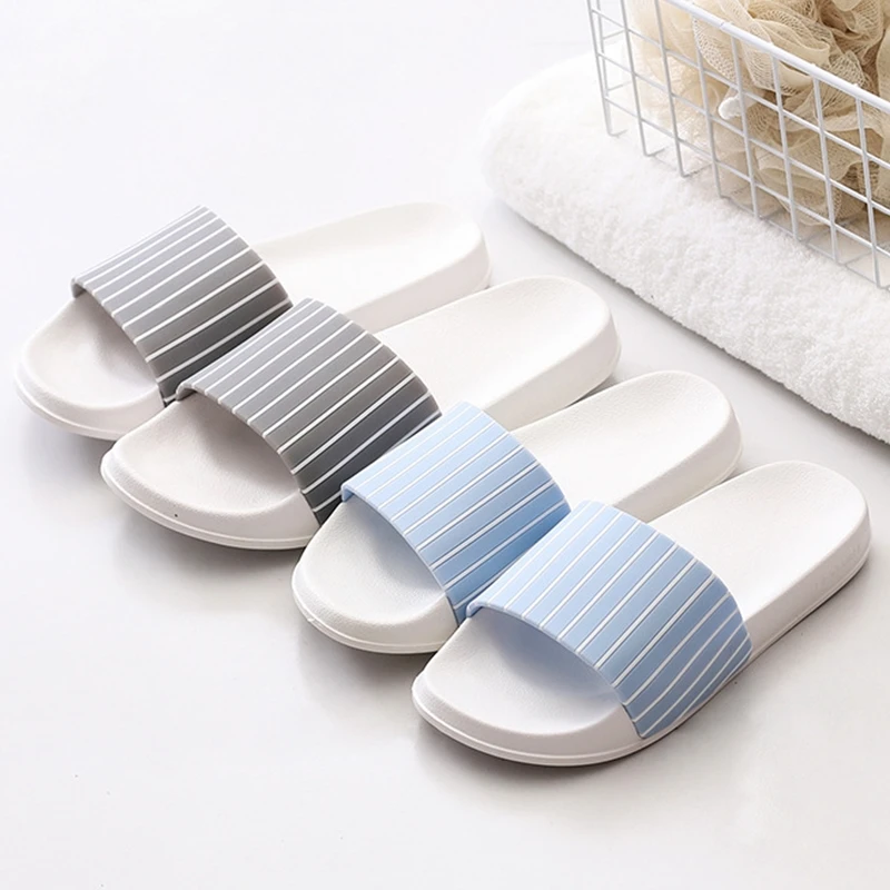 

New Striped Home Couple Slippers Non-slip Bathroom Indoor Women Bathe Slides Comfortable Blue Stripe Ladies Shoes Flats