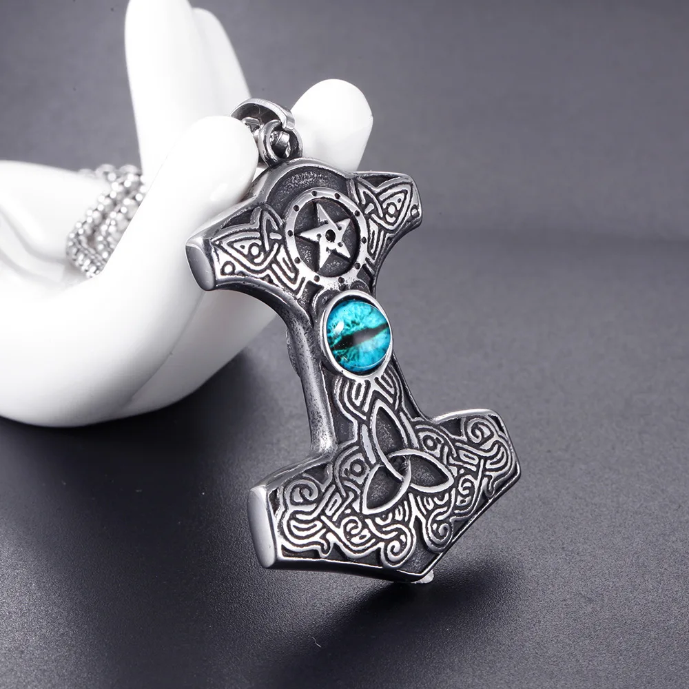 Stainless steel Viking Thunder's hammer pendant necklace men's vintage Cat eye stone titanium chain | Украшения и