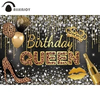 allenjoy birthday queen backdrop black and gold leopard diamond woman girl party supplies decor banner selfie prop photo booth