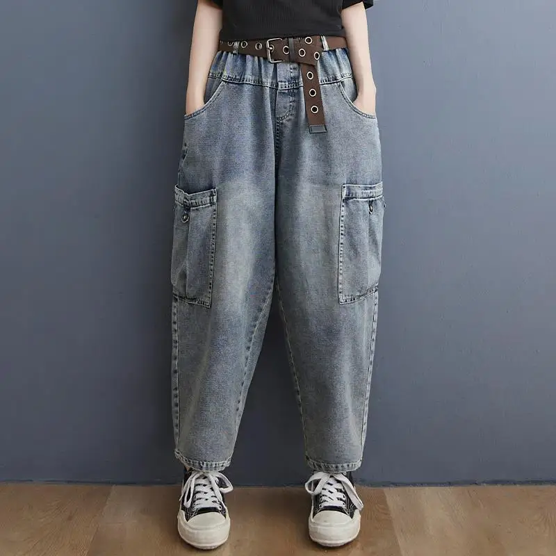 

Брюки-карго женские мешковатые джинсы с завышенной талией в стиле сафари джинсовые широкие бриджи из потертого денима джинсы в стиле пэчво...