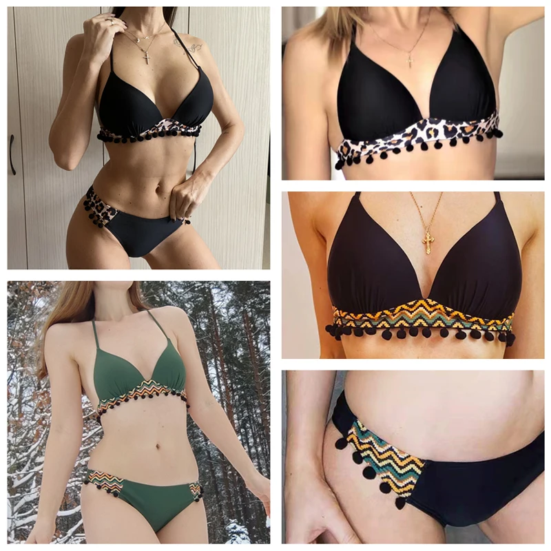 Бикини пуш-ап новинка 2022 женский купальник с кисточками и черными шариками