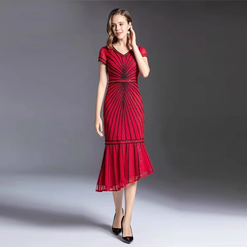 2020 New Europe Style Trumpet Wrap Dress Women Short Sleeve Sheath Wrap Ladies Dresses Red Corset Retro Dress Plus Size M-4XL