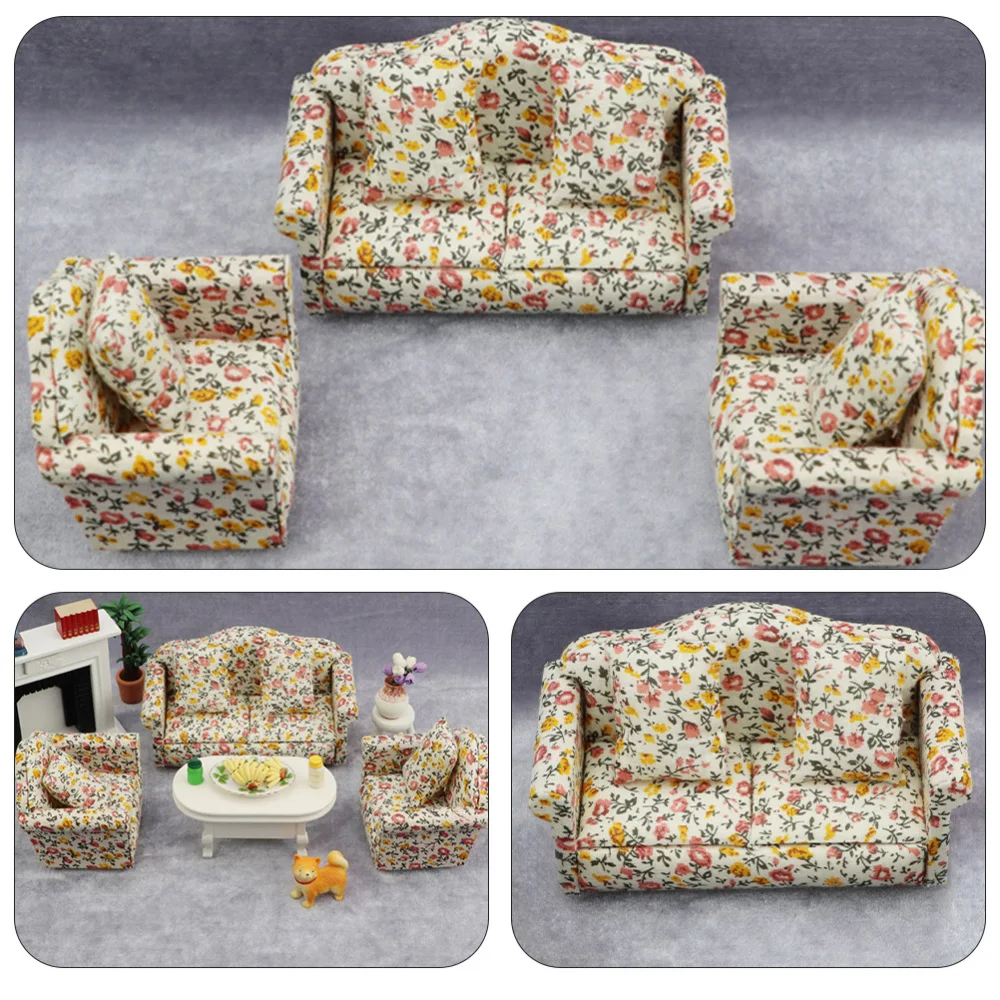 

1pc Funny Doll House Model Decor Flower Printing Sofa Kid Mini Furniture