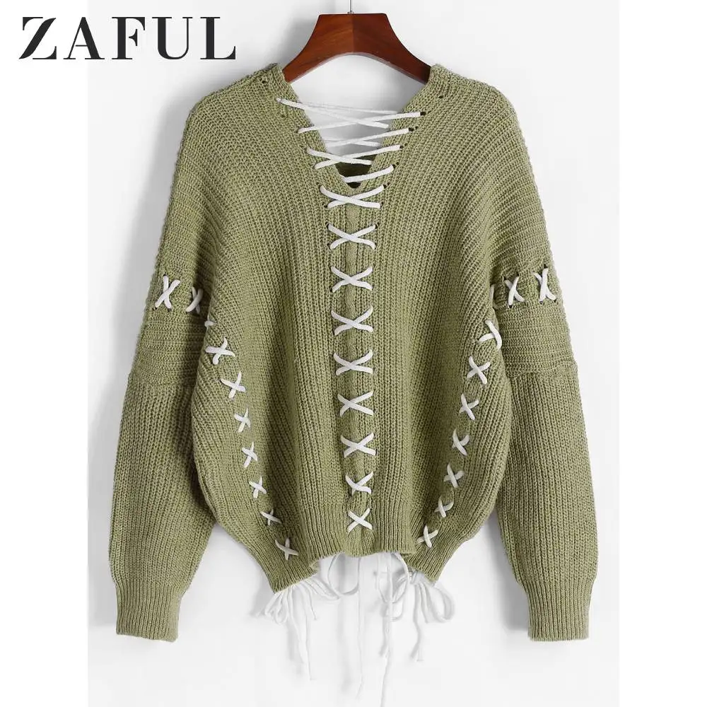 ZAFUL вязаный свитер на шнуровке с открытыми плечами повседневные стильные