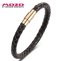 mozo fashion men bracelets brown leather stainless steel gold magnet buckle bangles casual male jewelry