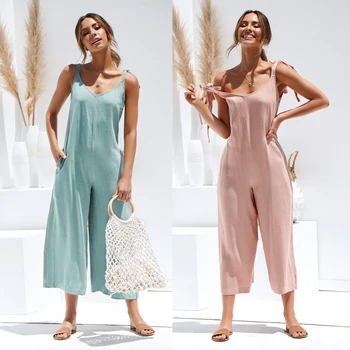 Women Rompers Casual Loose Linen Cotton Jumpsuit Sleeveless Backless Playsuit Trousers Strappy Jumpsuits Autumn Summer New 1