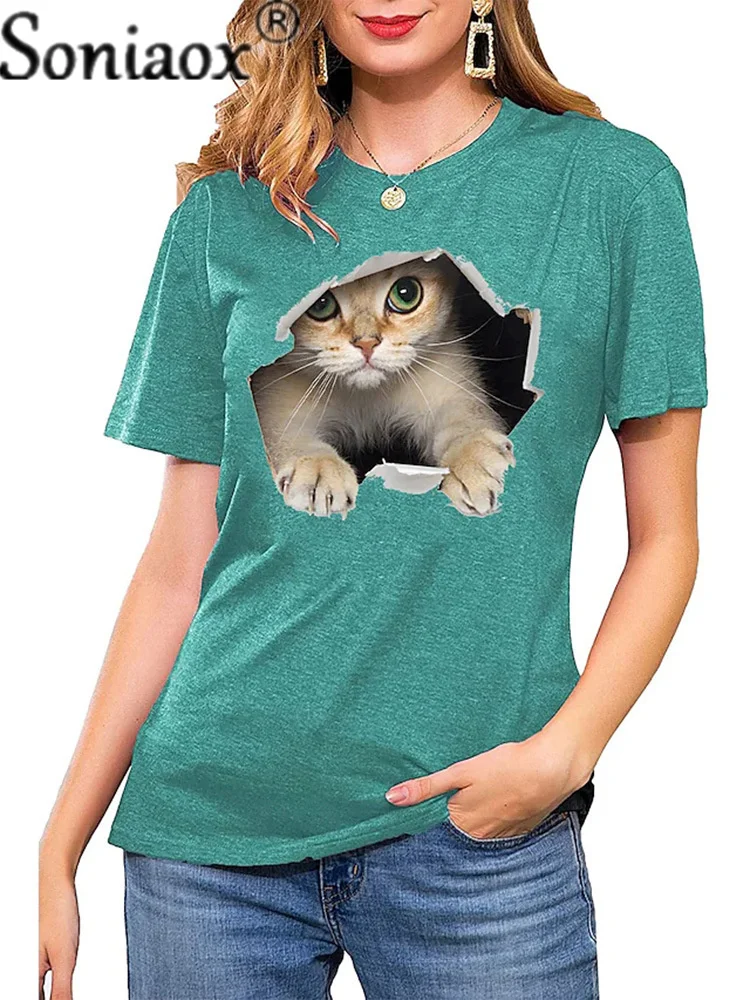 Женская футболка с принтом кошки свободная повседневная круглым вырезом модель