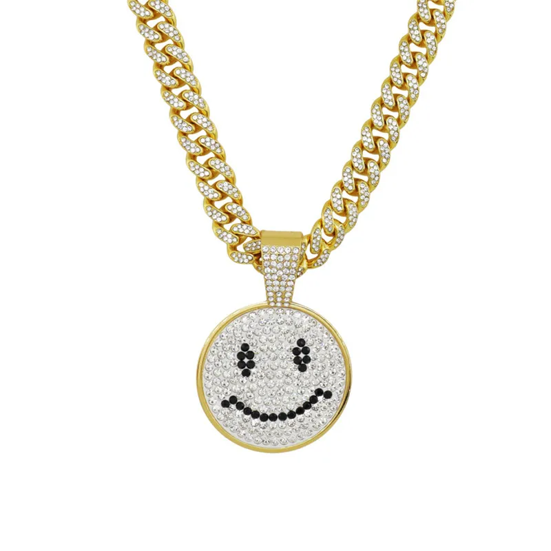 

Hip Hop Smiley Pendant Necklace Iced Out Bling Zircon Miami Cuban Chain Chokers For Men Cartoon Face Jewelry Gift