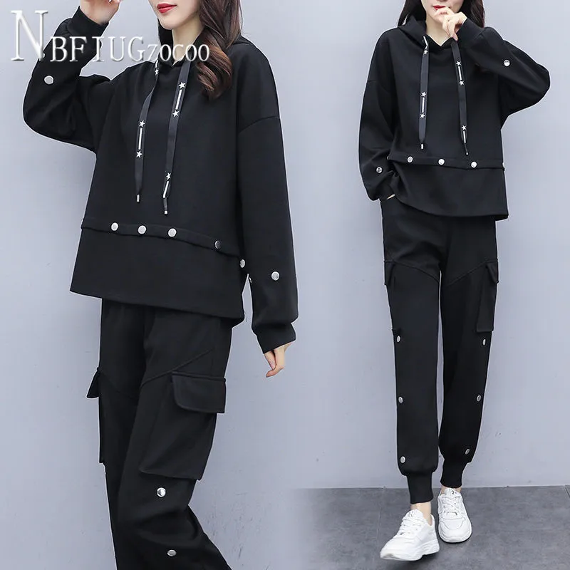 

2020 New Black Color Women Sets Hooded Sweatshirt And Pants Female Sets
