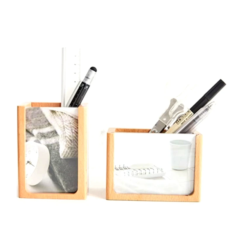 

2 Pcs Wooden Pen Holder with Photo Frame, Multifunctional Desk and Office Supplies Makeup Organizer Caddy