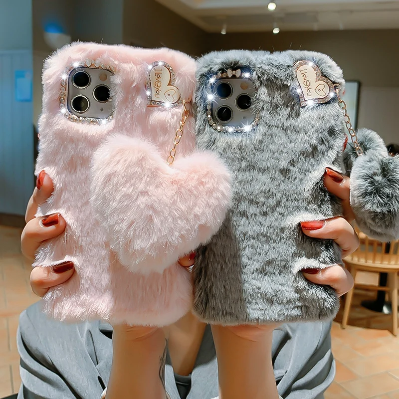 3D Cute Pendant Fluffy Case For Huawei Mate 40 30 20 10 Pro P40 P30 Lite P20 Nova 7I 3I 5T 8SE Plush Fur Soft Solid Cover Cases