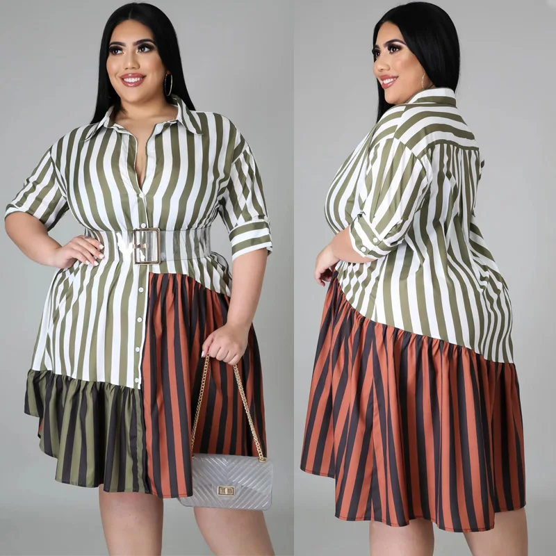 

2021 Fashion Striped Shirt Dress Ruffles A Line Patchwork Loose Sundress Party Female Irregular Dress Vestidos Plus Size 5XL
