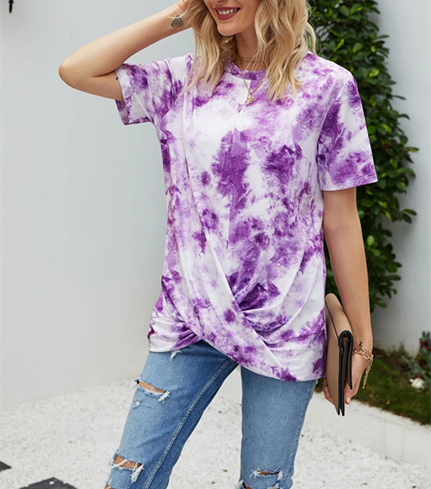 Футболка Tie-dye женские свободные топы футболка Летние Плиссированные футболки с