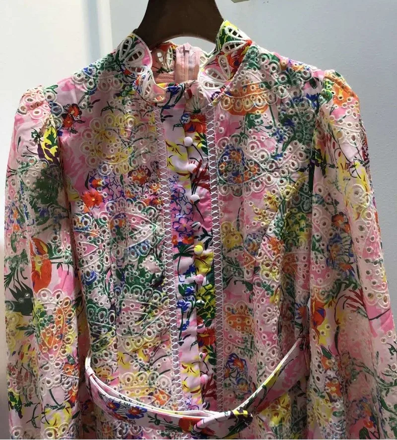 

Quality New Top Cotton Dress 2021 Autumn Women Allover Exquisite Embroidery Vintage Buttons Front Long Sleeve Blue Pink Dress