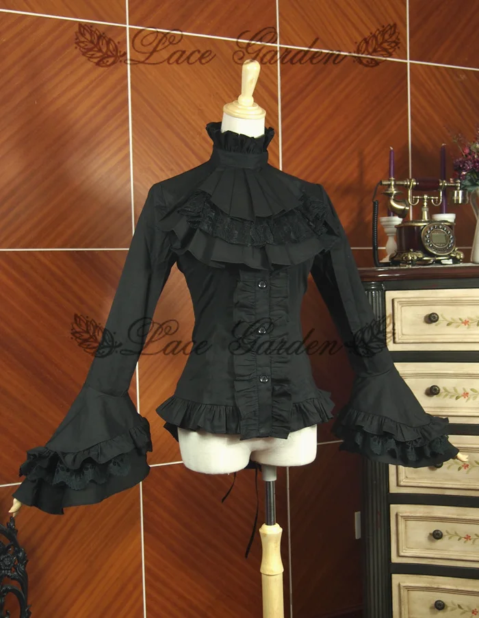 Женская винтажная блузка с рюшами белая/черная Готическая рубашка высоким низом
