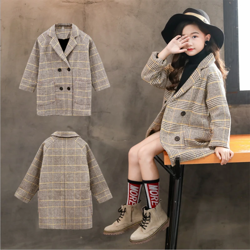 Шерстяная куртка для девочек винтажная клетчатая детское модное длинное
