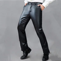 men autumn loose leather pants man fashion elastic high waist straight leather trousers summer streetwear thin motorcycle pants