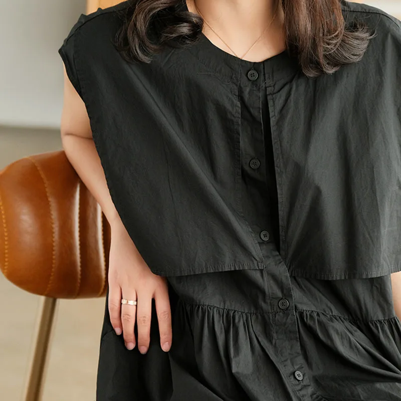 

NINI WONDERLAND 2021 Summer Sleeveless Single Breasted Shirt Dress Women Patchwork Midi Dresses Korean Style Loose Dress Black