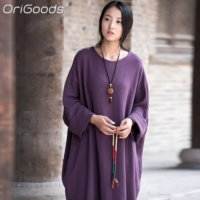 

OriGoods Oversized Dress Women Cotton Loose Style Long Dress Spring Autumn Robe Dress Original Novelty Zen Style Vestidos B006