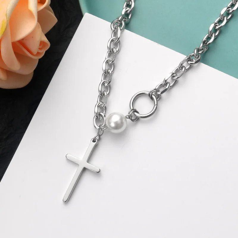 

U-Magical Gothic Asymmetric Cross Simulation Pearl Pendant Necklace for Women Chunky Curb Chain Metallic Necklace Jewelry