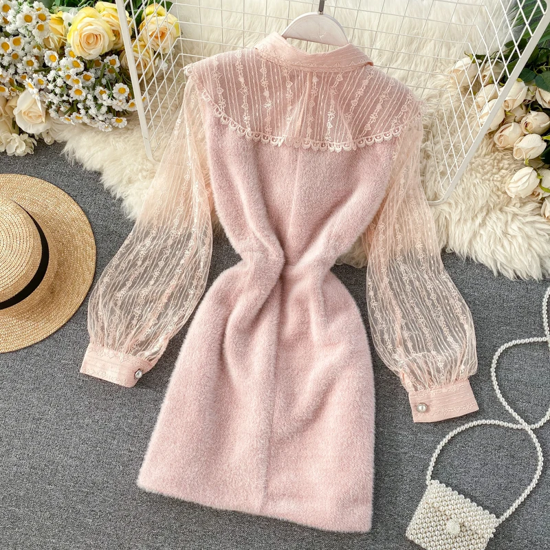 2020 Новая мода Женская одежда кружевное платье женское с пышными рукавами выше