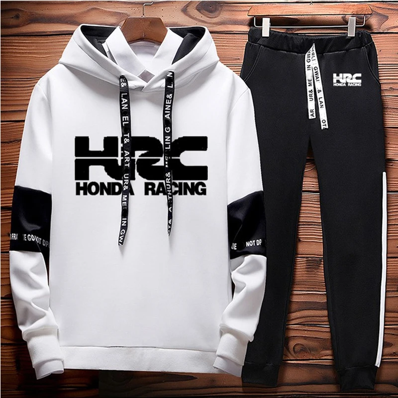 

Men Sweatshirt HRC Race Motorcycle Spring Autumn Colorblock Casual pullover High quality Cotton Men Hooded pants 2 piece set