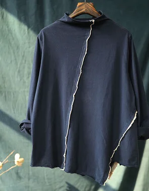 navy blue Женская Осенняя Асимметричная шерстяная хлопковая футболка женская с высоким воротником облегающая блузка с длинным рукавом Harajuku ретро пуловер женские рубашки - Цвет: navy blue