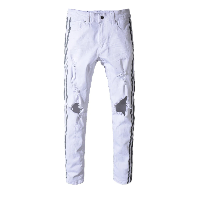 

Новые мужские брюки, уличные брендовые летние белые рваные джинсы, мужской парикмахер для волос, облегающие штаны dnim 5342
