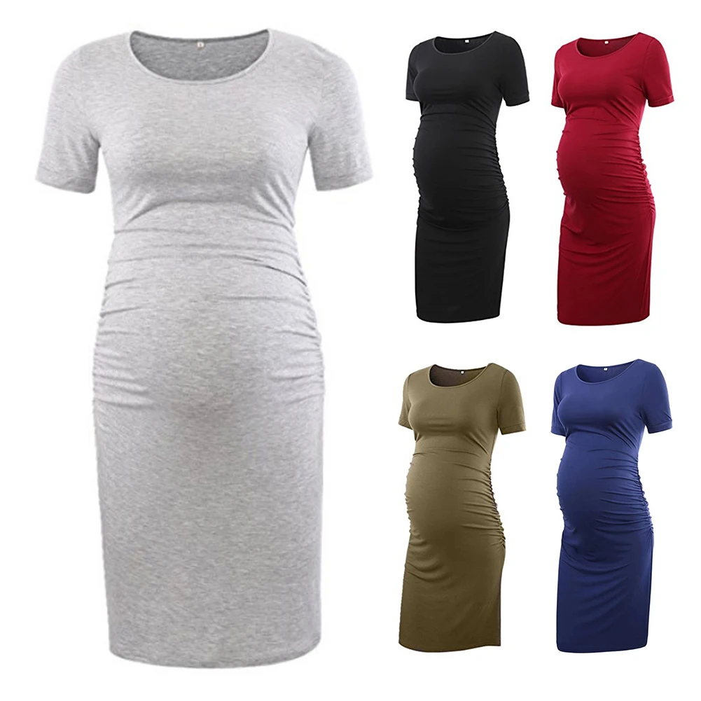 Для женщин однотонные до колена облегающий короткий рукав гофрированная летние