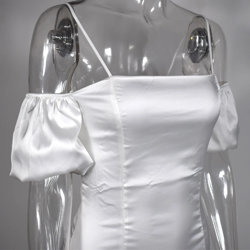 

NewAsia Double Layers Glossy Satin Dress Summer Vintage Puff Sleeve Mini Bodycon Dress Woman Party Night White Sexy Dresses