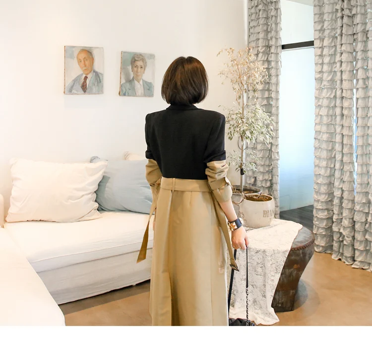 Длинный однобортный Тренч в стиле пэчворк с отложным воротником и поясом