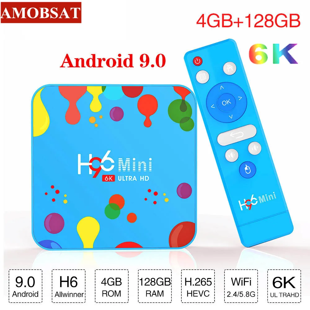 AmobSat 4 Гб 128 ГБ H96 Мини Android 9 0 ТВ-приставка Allwinner H6 четырехъядерный 6K H.265 Wifi HD Google Player
