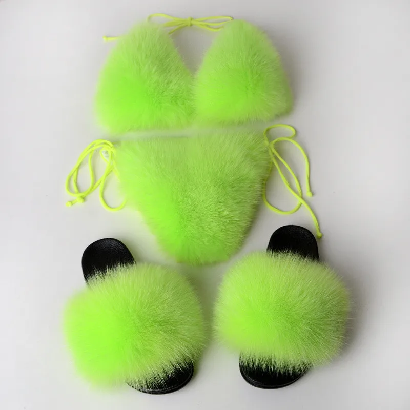 green sets Модные женские шлепанцы; бюстгальтер бикини из натурального Лисьего меха; летняя пляжная обувь; женское нижнее белье; съемный Толстый Пушистый комплект бикини из натурального меха - Цвет: green sets