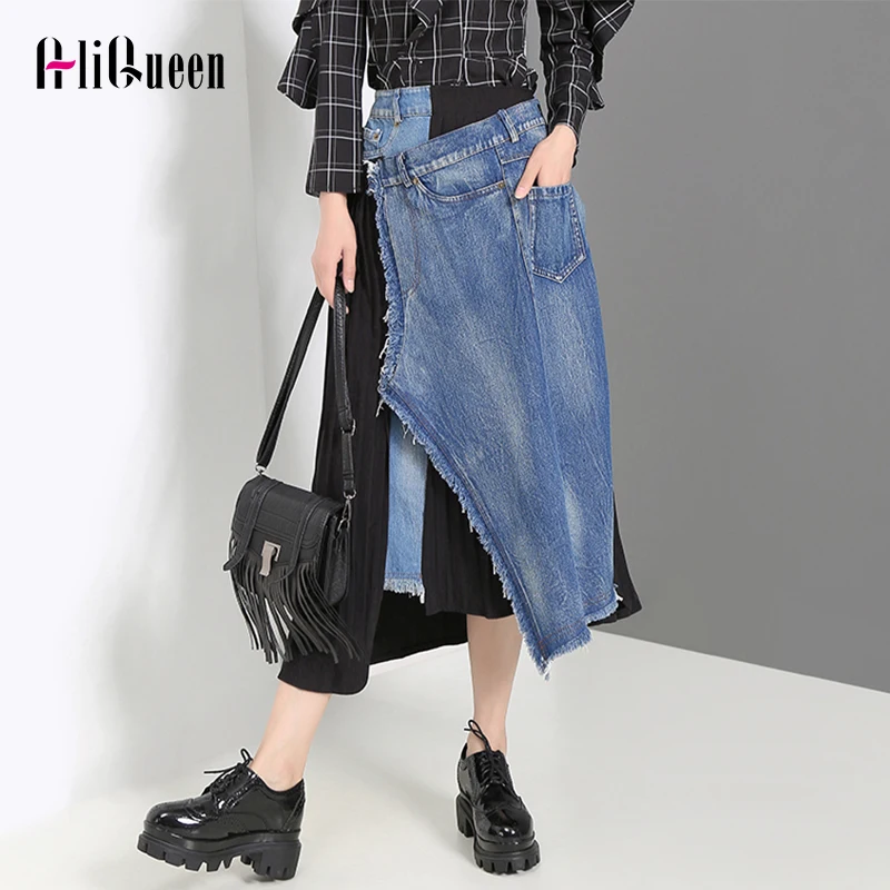 

Женская длинная джинсовая юбка, асимметричная плиссированная юбка с оборками, с высокой талией, Осень-зима