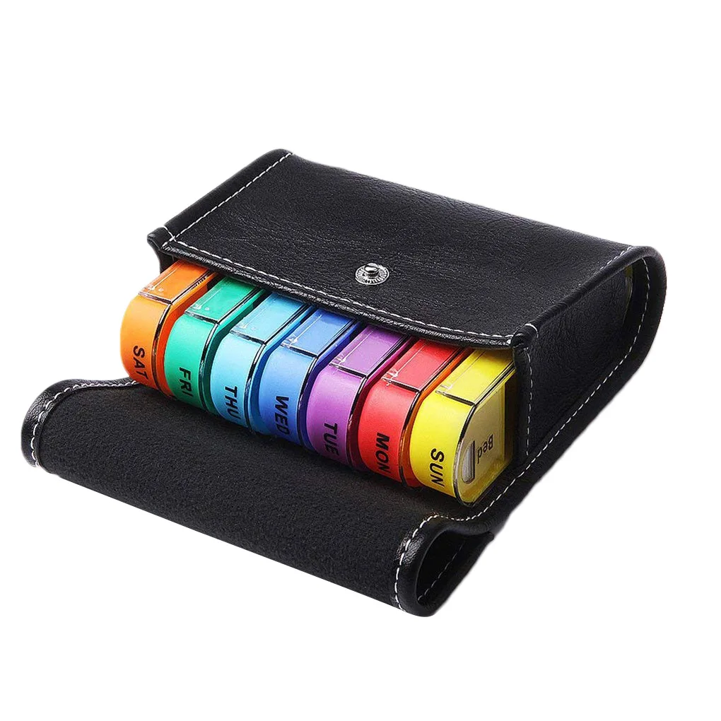 

7-Day 28-Grid Portable Weekly Pill Storage Box Home Office Travel Pill Organizer Container with Leather Case