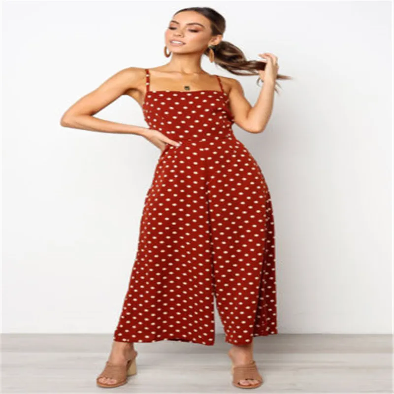 

Elegant Jumpsuits Sexy Women Sleeveless Polka Dots Loose Trousers Wide Leg Pants Rompers Holiday Backless Bow Leotard Overalls