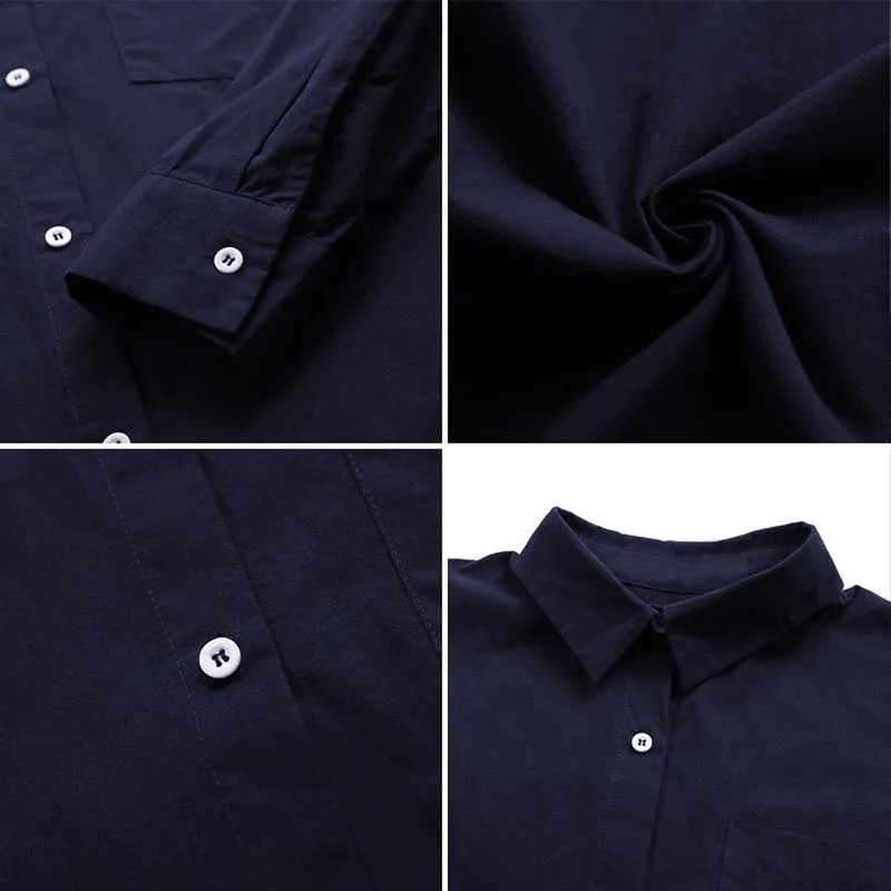 

2021 Spring Cotton Linen Turn-down Collar Solid Color Women Blouses Lloose Single-breasted Long Sleeve Pocket Side Split Shirts