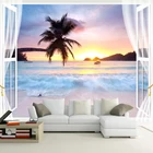 Пользовательские обои любого размера, 3D Приморский Пейзаж, кокосовое дерево, окно, настенная живопись, гостиная, ТВ, диван, водонепроницаемый 3D стикер