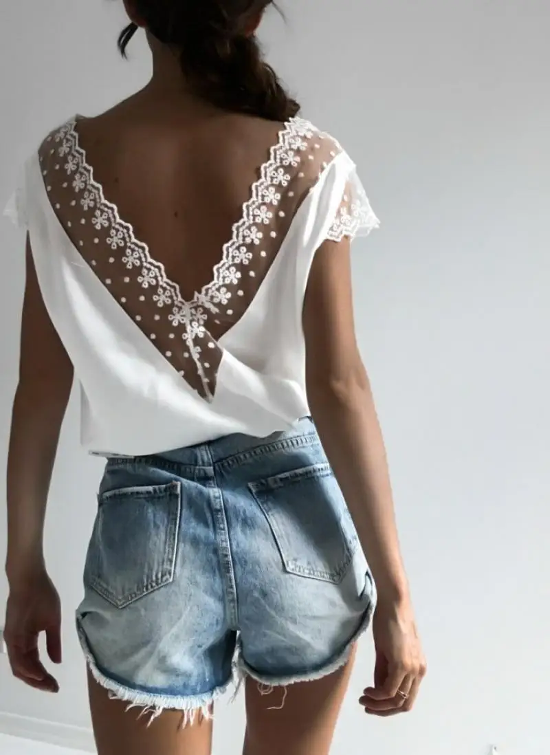 

New solid color hollow lace wave deep V sweet sexy blouse tops shirts
